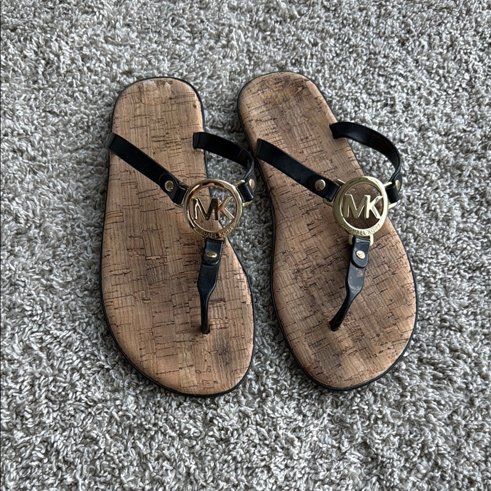 Michael Kors Black and Gold Cork Sandals